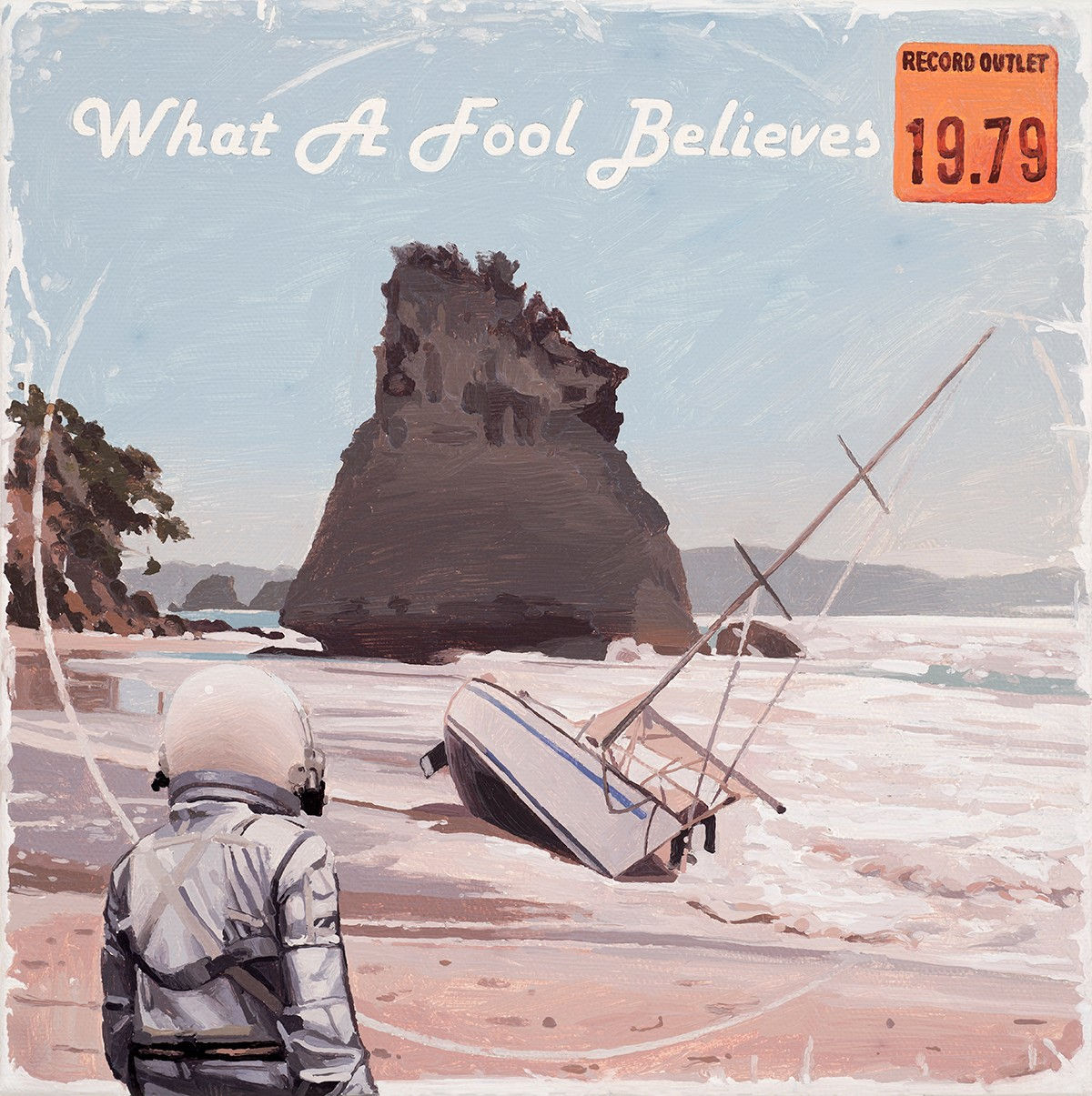 painting of a sail boat washed up on the shoreline with an unknown figure on the beach