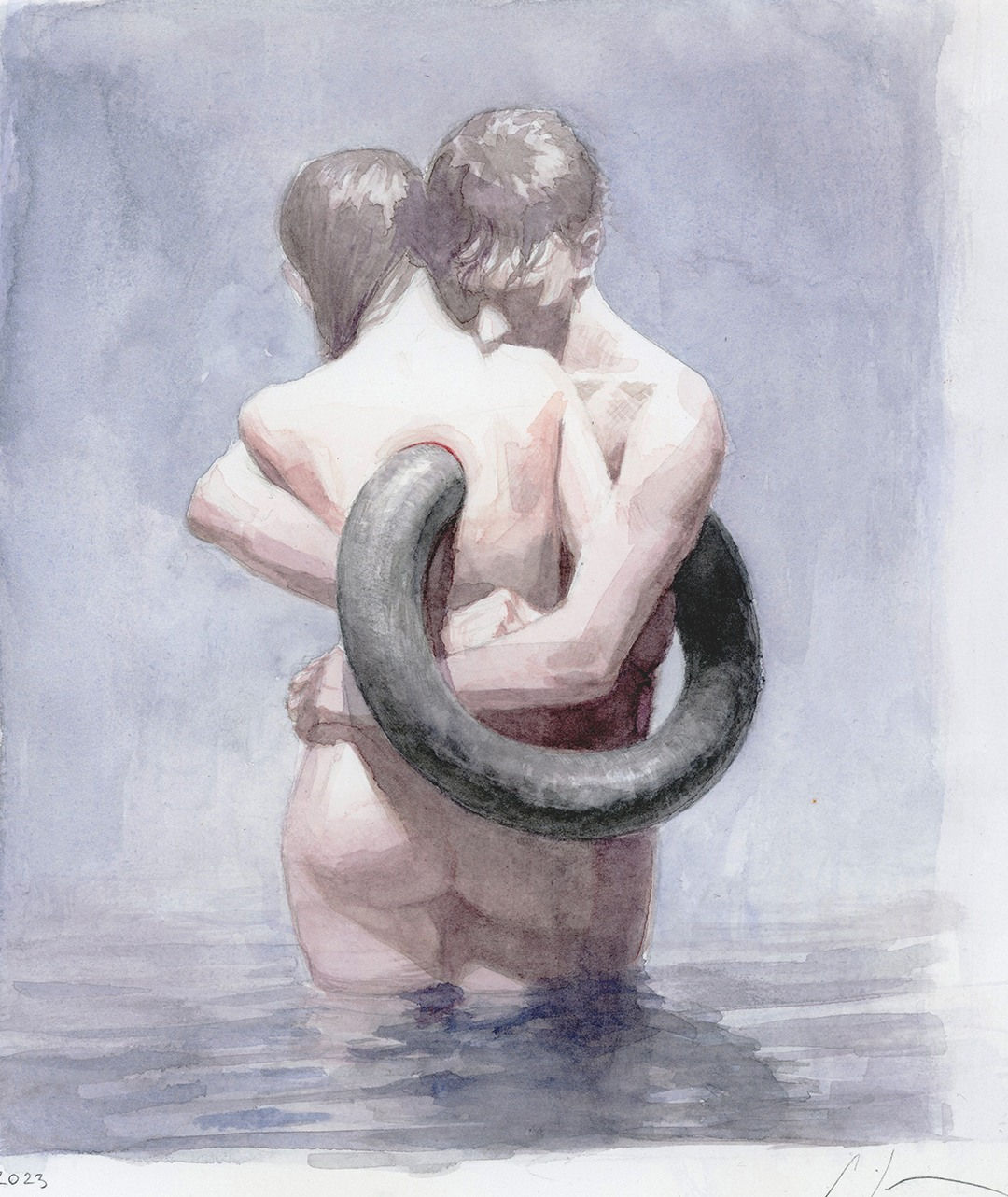 painting of two figures embracing being intersected by a ring