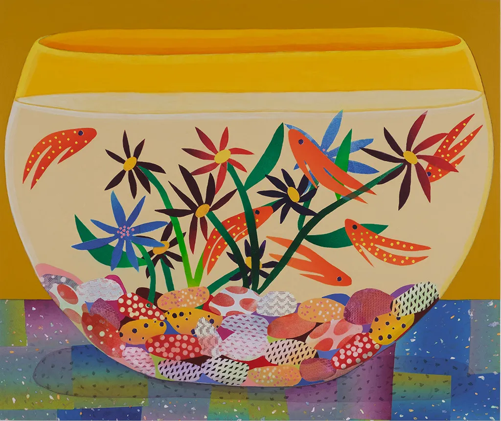 Painting of a fish bowl with 5 goldfish in it. There are flowers growing in the bowl and different colored and patterned rocks. The background is golden yellow.