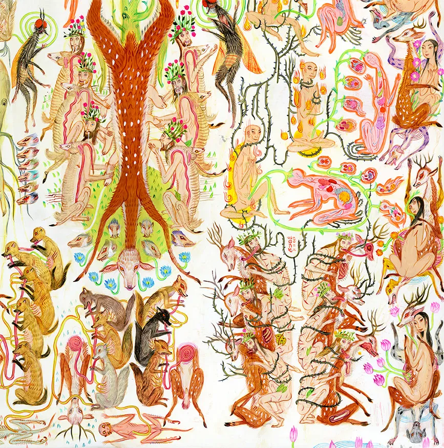 Detail shot of Mu Pan painting of animals and human hybrid creatures eating, fighting, sleeping, etc