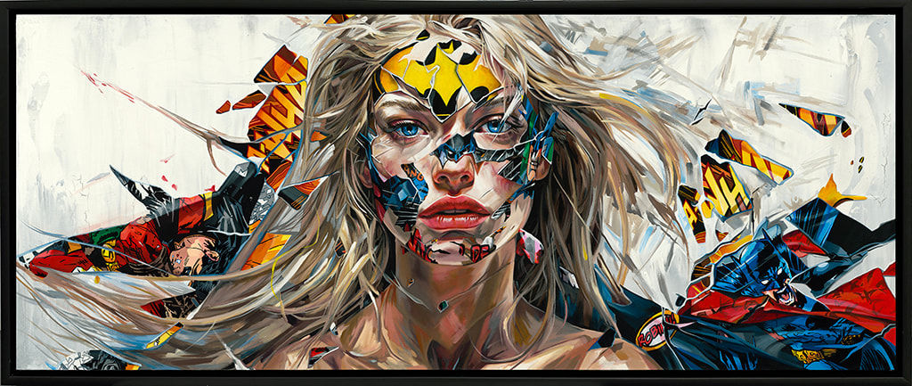 painting of a blond woman with tears in the image revealing comic book images over a light background framed