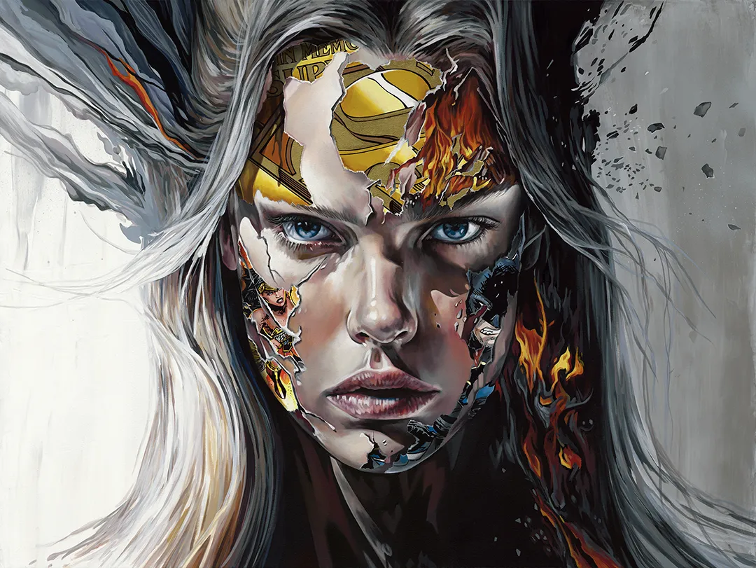 portrait of a blond woman whose face is splice with comic book imagery over a light background