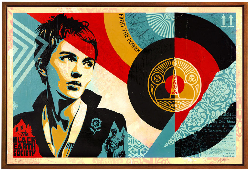 collage like artwork by artist Shepard Fairey depicting a woman who resembles Jean Seberg
