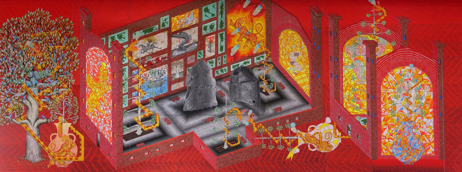 Andrew Schoultz - cutaway painting of interior space cathedral with plants and helmets