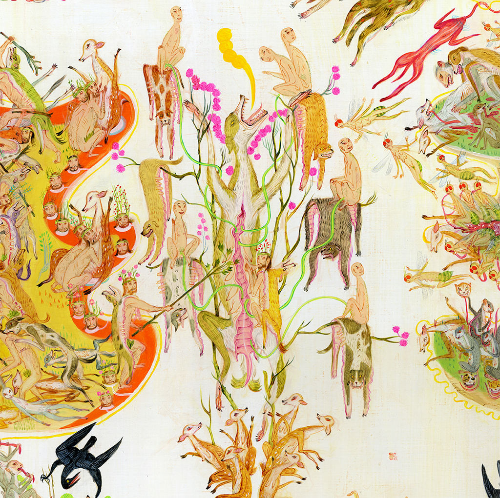 Detail shot of Mu Pan painting of animals and human hybrid creatures eating, fighting, sleeping, etc