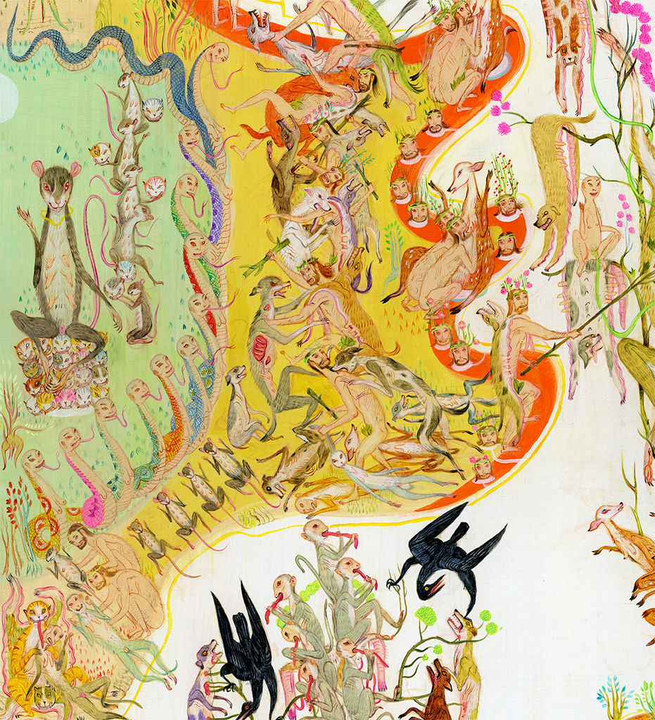 Detail shot of Mu Pan painting of animals and human hybrid creatures eating, fighting, sleeping, etc