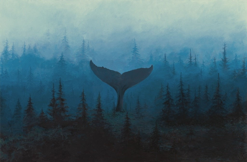 painting of a whale's tail emerging from the middle of a lush tree forest
