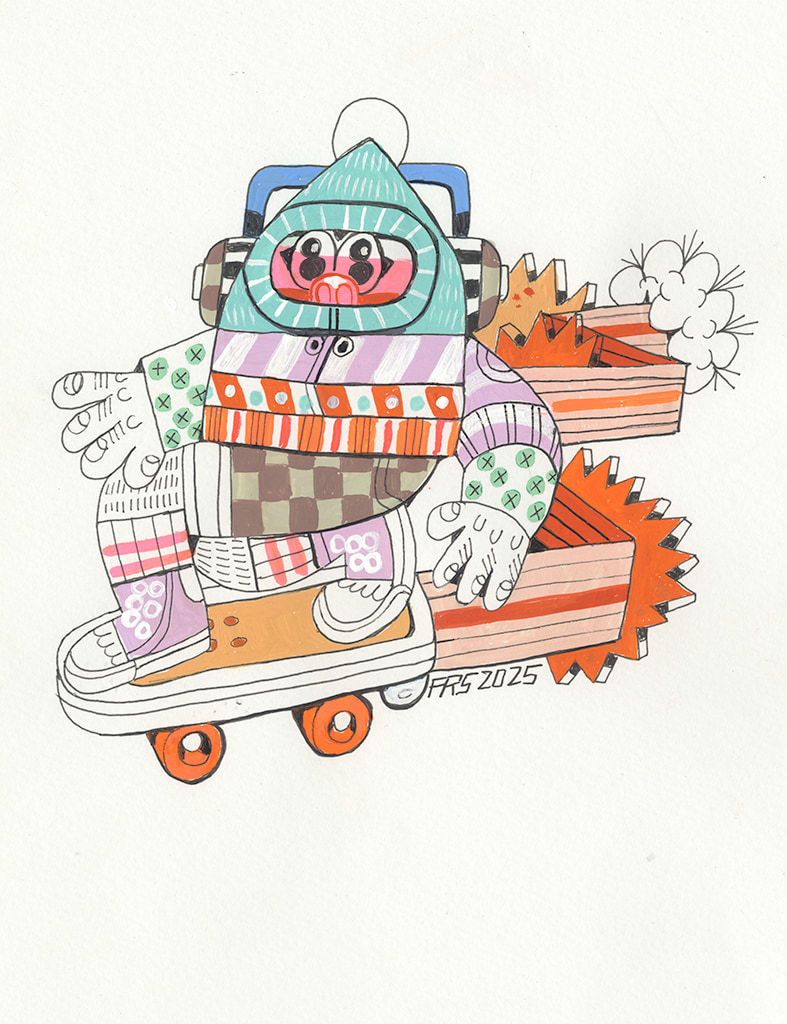 A piece by Ferris Plock of one of his illustrative characters wearing headphones and riding a skateboard. The character is wearing very vivid colorful and pattern filled clothing.