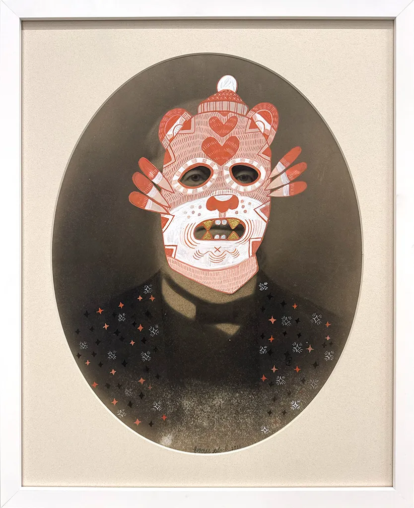 Black and white photo of a person with a animated pink bear mask painted over their face