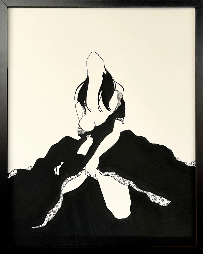 Black silhouette of a woman in a black dress with her head leaning back