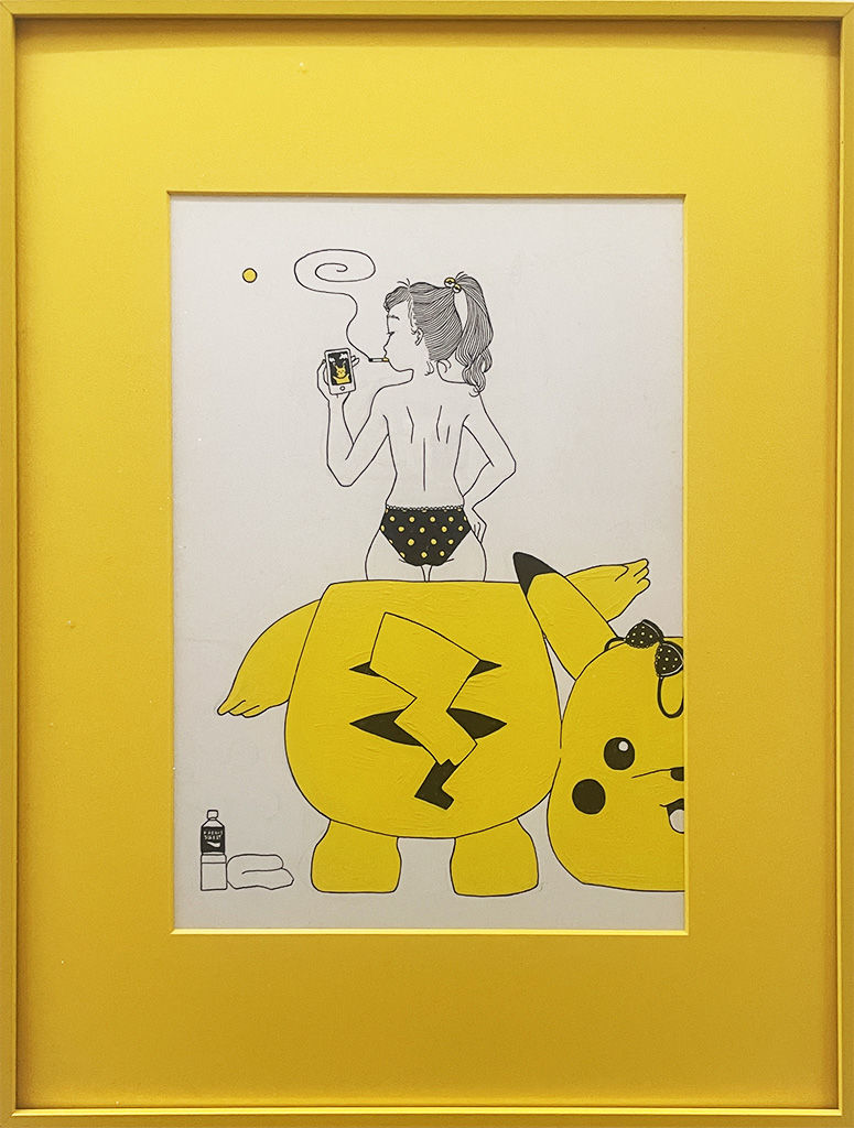 Framed Painting of a girl in underwearing standing in a Pikachu costume