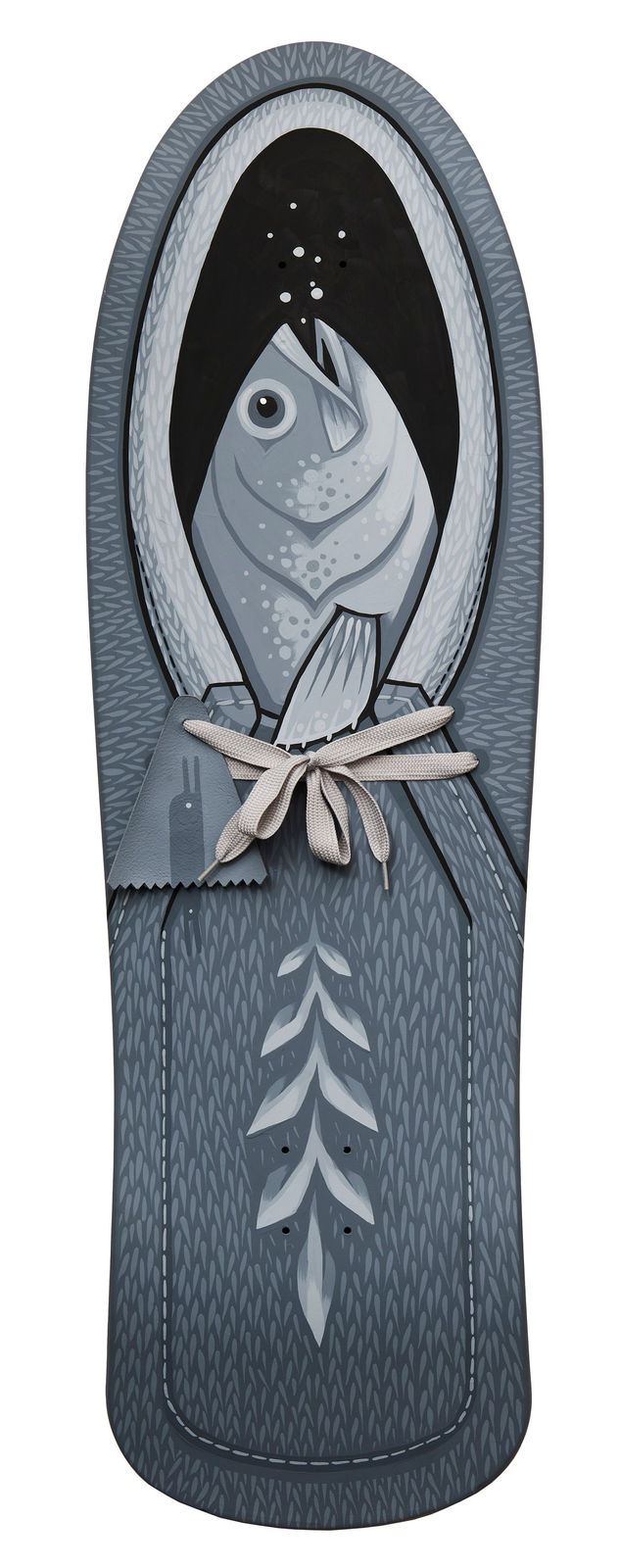 skate deck painted in a grayscale depicting a fish nestled in a carrier, complete with tied laces and other detailing throughout by artist Jeremy Fish