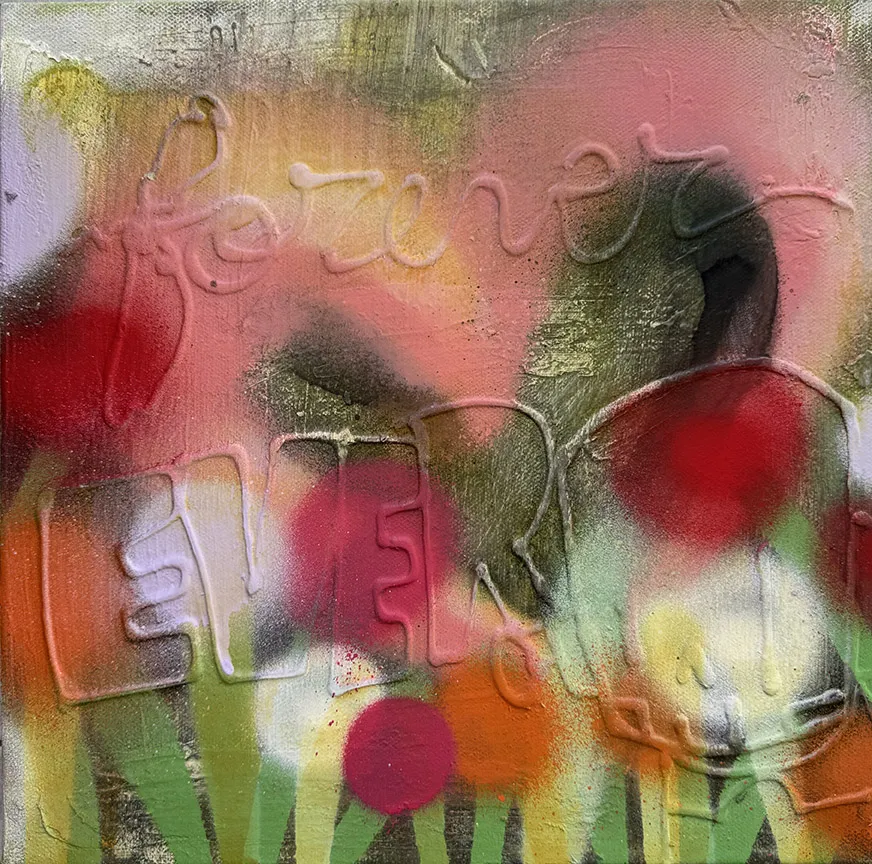 multicolor spray painted background with the words 