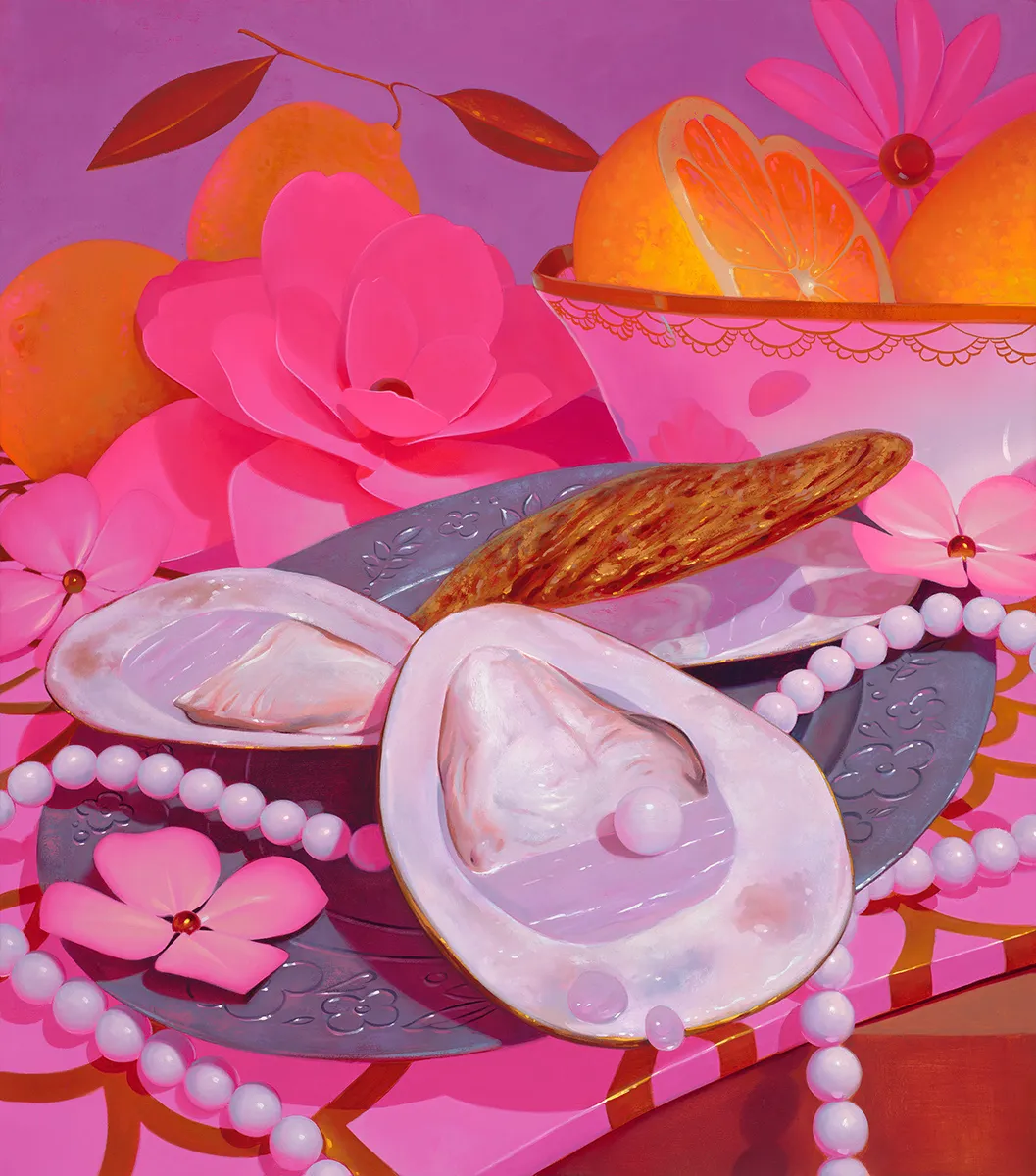 Megan Ellen MacDonald painting of oysters with a string of pearls, flowers and cut oranges