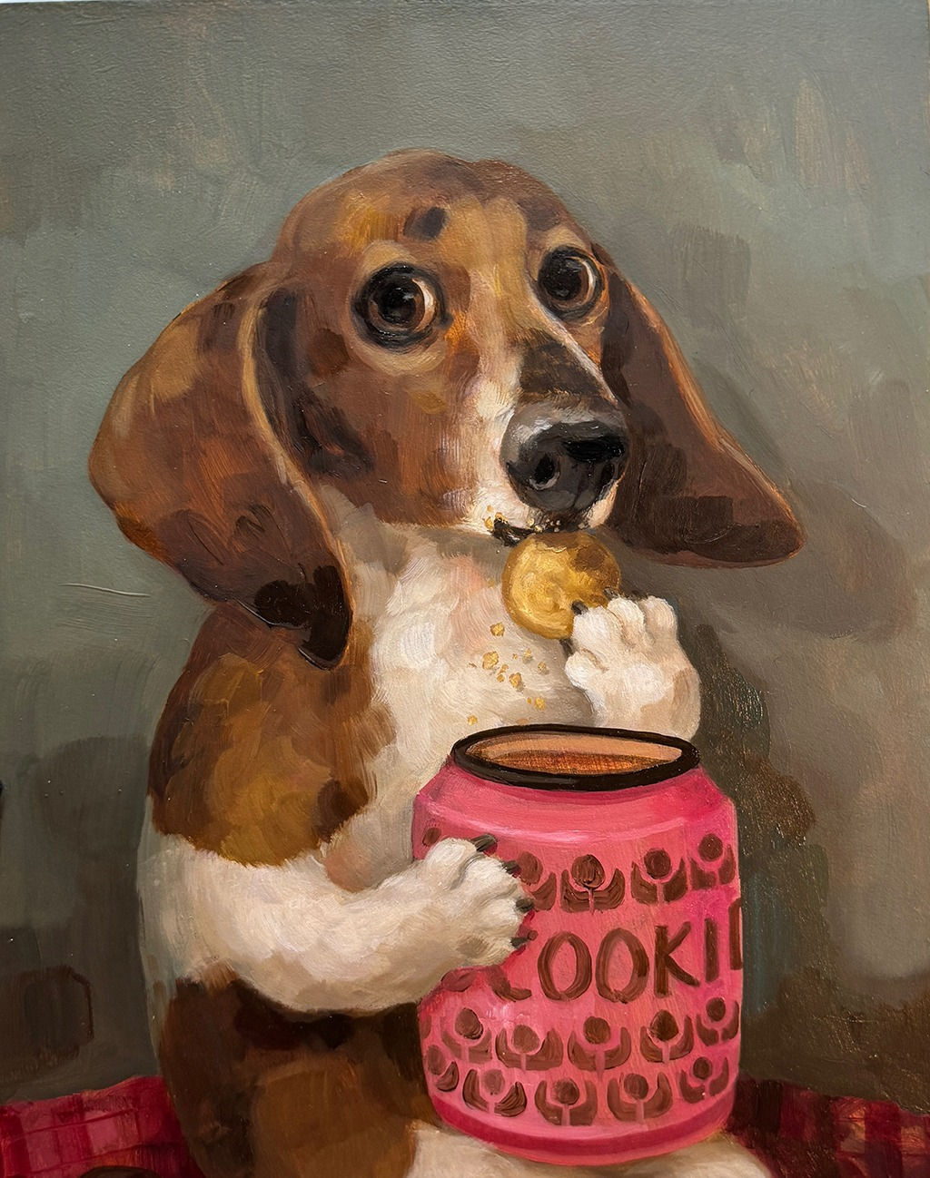 Painting of a basset hound with a pink cookie jar in its hand and a cookie in its other hand in front of a gray backdrop.