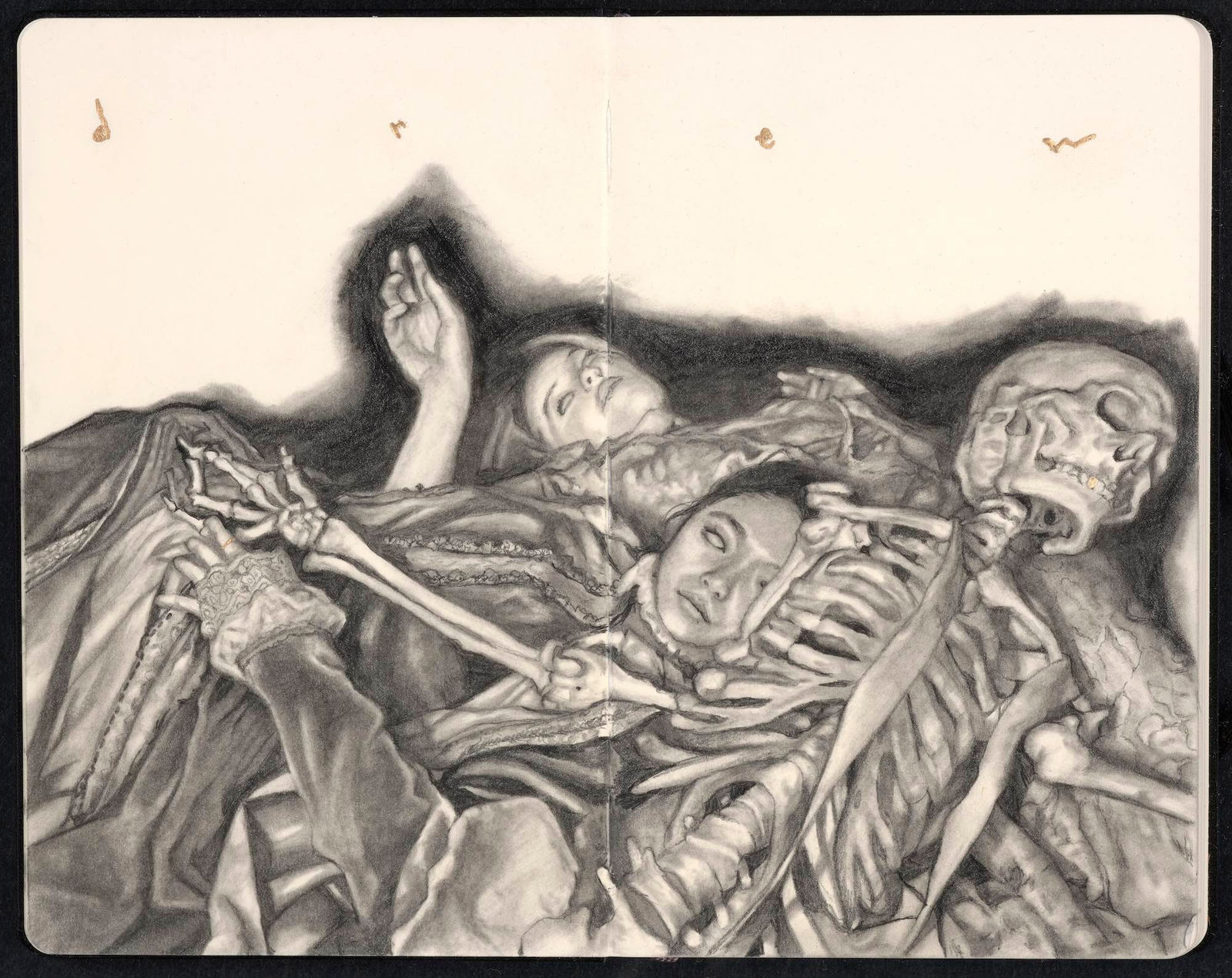 Drawing of two women laying down without pupils and covered in blankets and a skeleton laying next to them