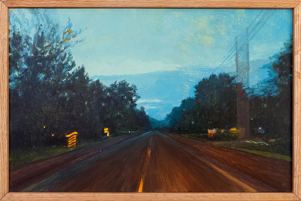 painting of a road at night with a mountain landscape in the background by Pat Perry