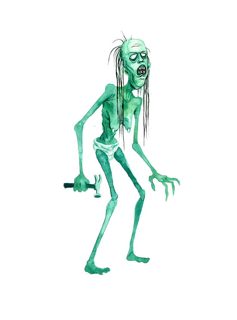 Painting by Alex Pardee of a sea foam green creature with long stringy black hair and holding a hammer