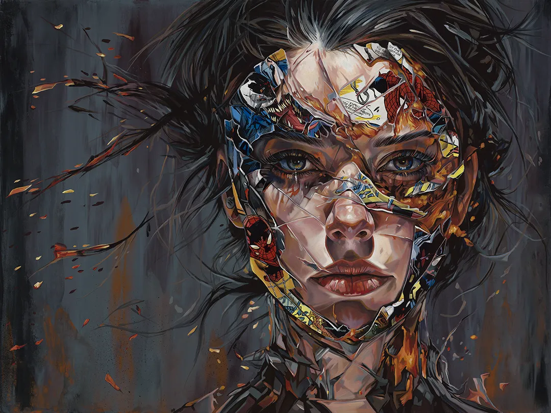 portrait of brunette woman whose face is spliced with images from comic books over a dark background