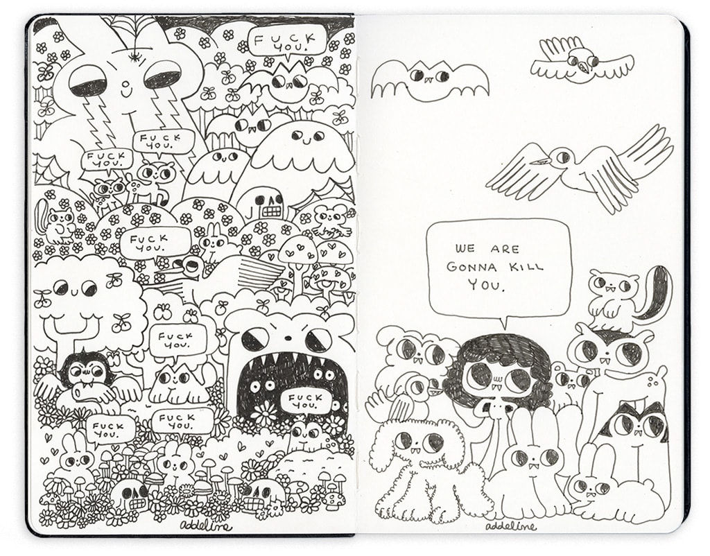 Open face Moleskine notebook filled with various doodle-like drawings, with various characters saying 