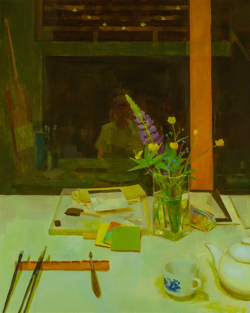 Painting of an artist studio with a vase of flowers and different materials layed out on a desk