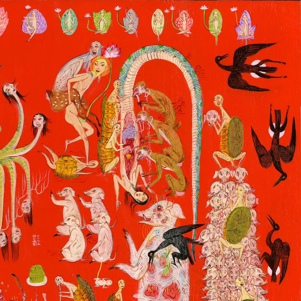 Detail shot of a painting by Mu Pan of creatures, animals and human hybrids eating, sleeping, killing, flying and climbing