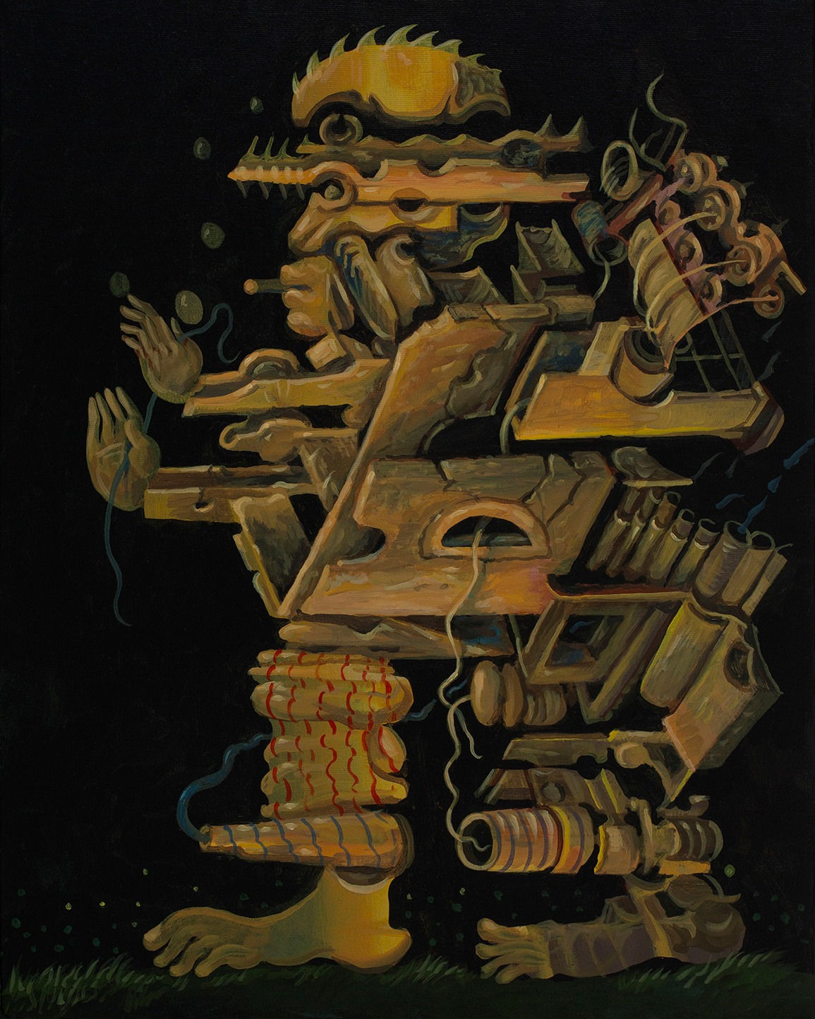 figure made of human and machine parts on a dark background