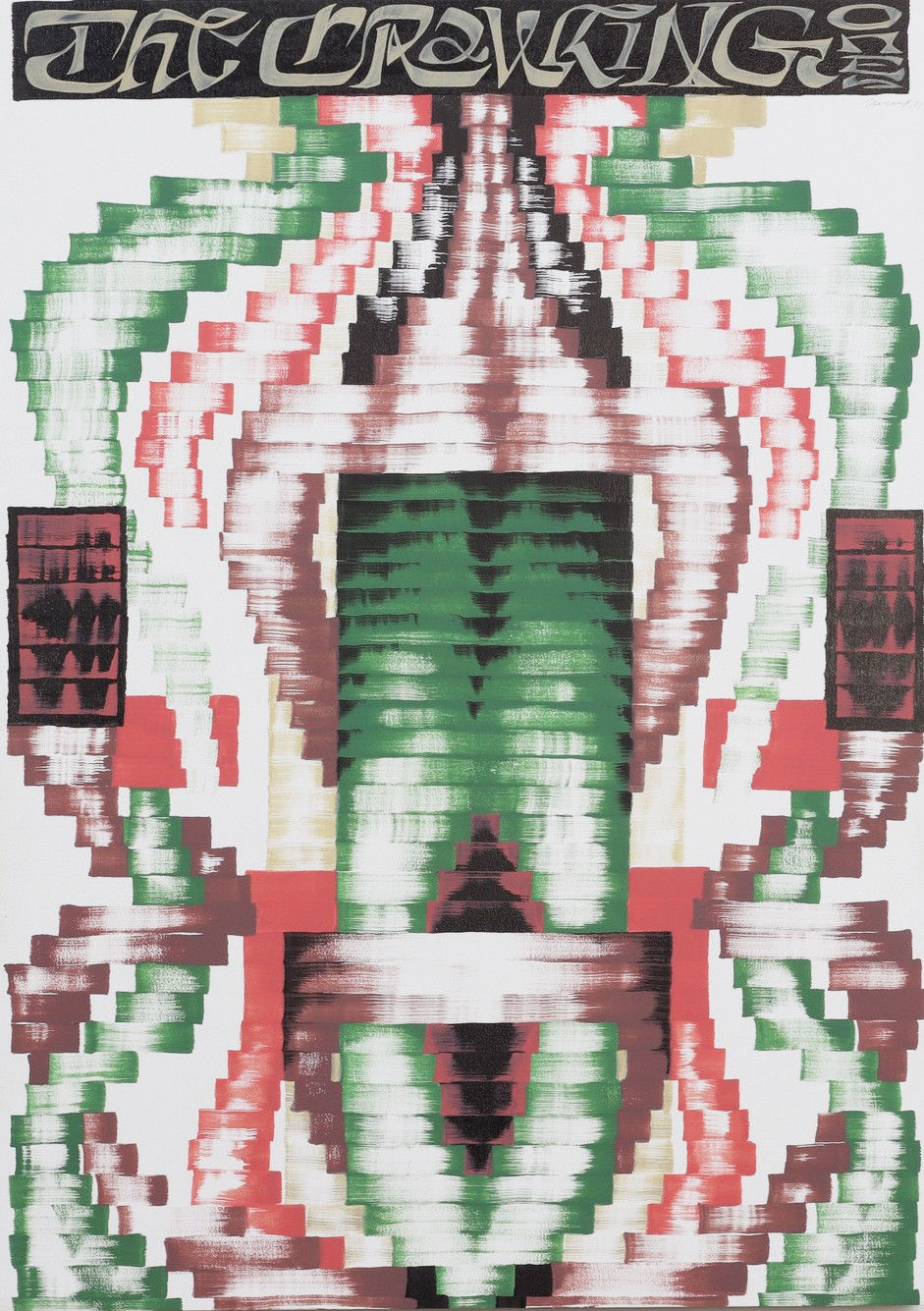 Abstract painting with rectangular lines in red, white, black and green creating a geometric design by Vincent de Boer.