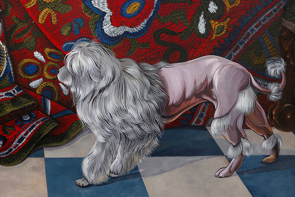 Detail image of the small white dog in the oil painting by Sabrina Bockler
