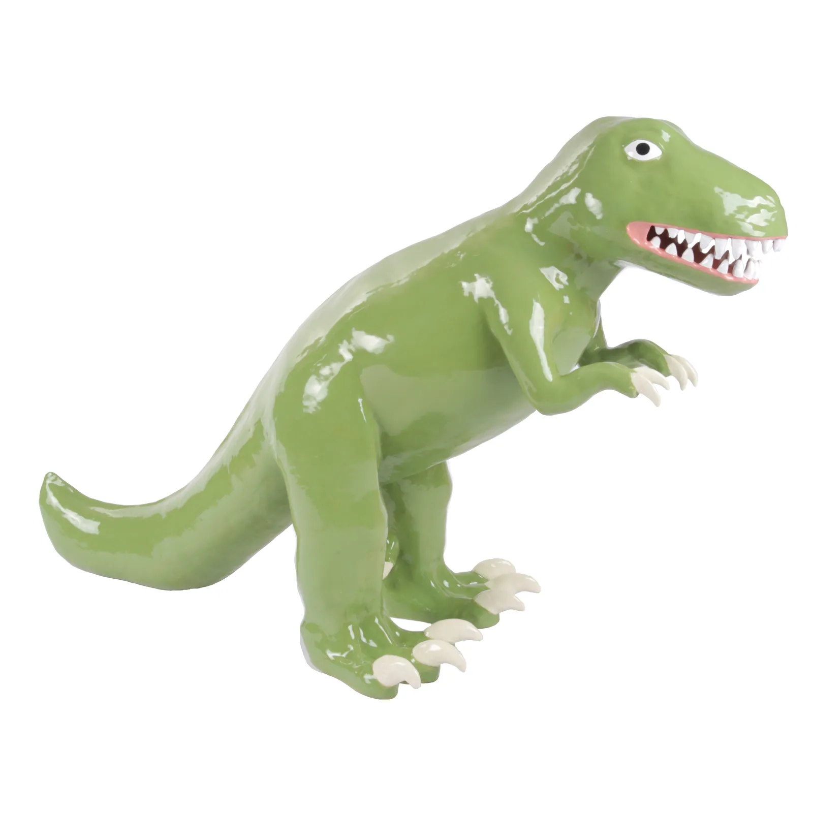 ceramic sculpture of a green t rex