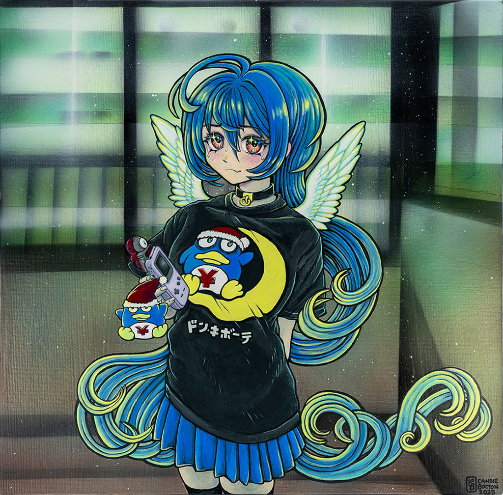 Painting of a anime style girl with blue hair and wings