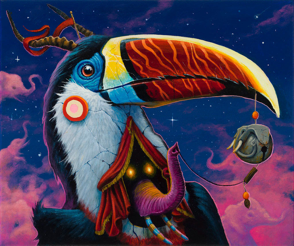 Dulk painting of toucan with elephant trunks in pink / blue sky background