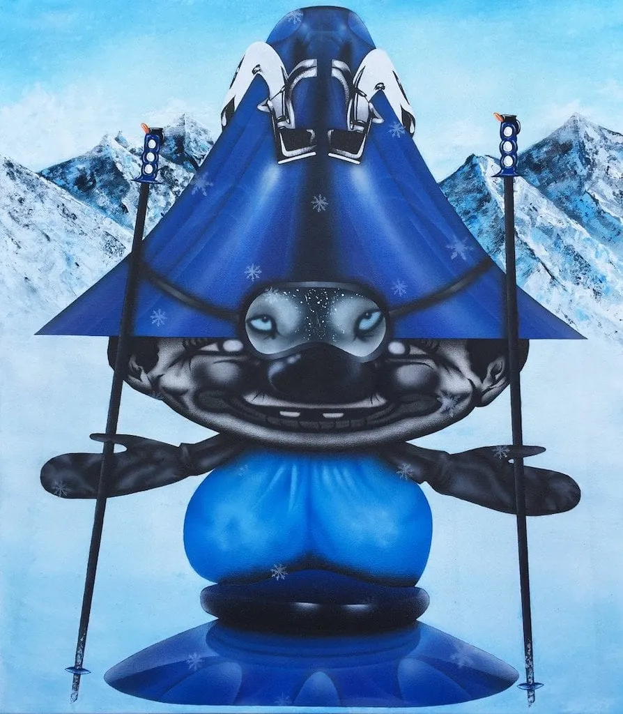 Mario Ayala blue figure with snowy mountains