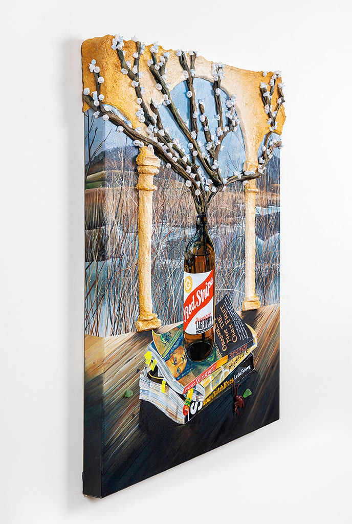 Nic Dyer's painting of flowers in a Red Stripe bottle