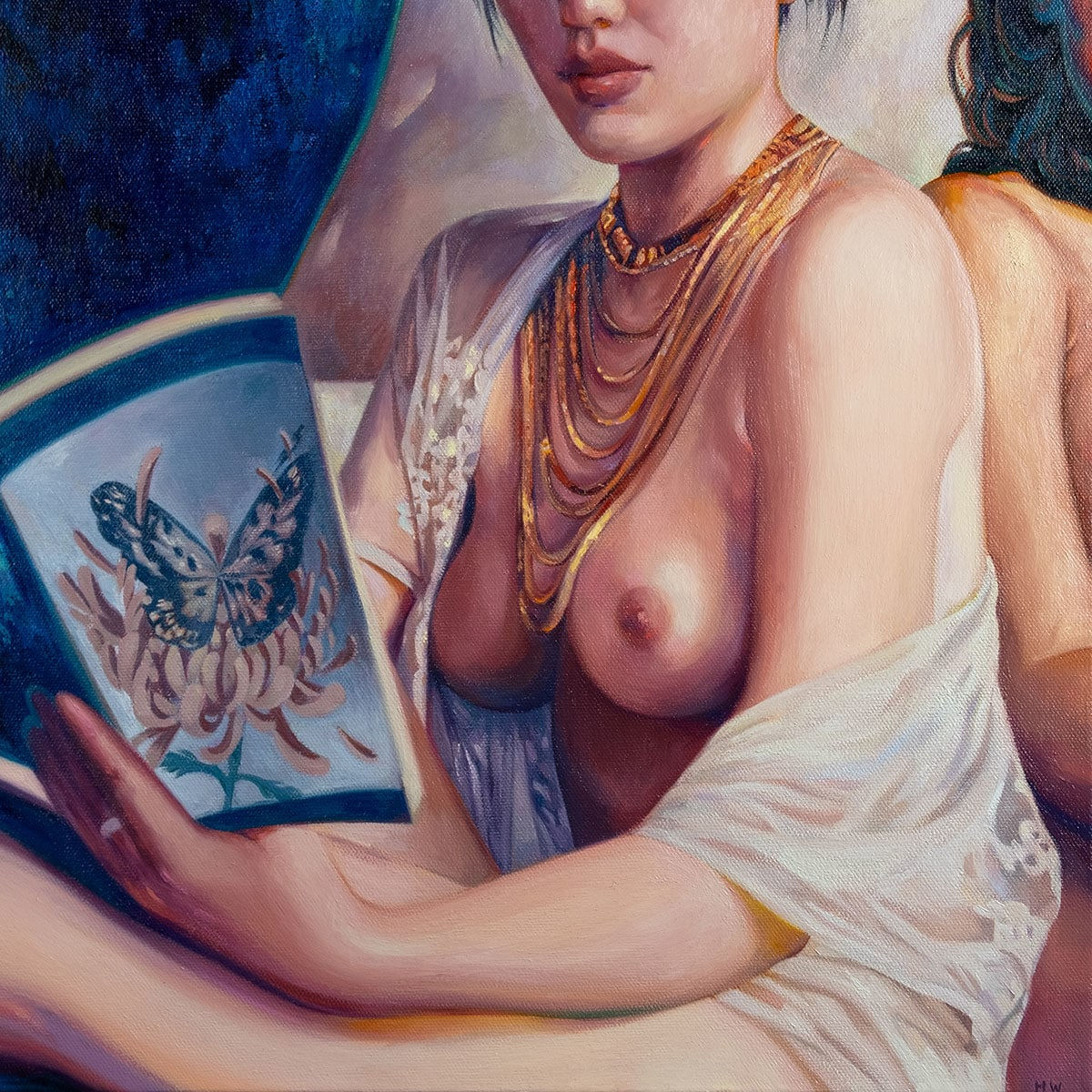 Painting of a shirtless woman reading