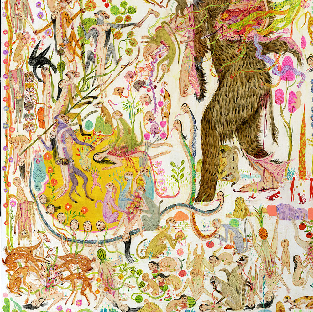 Detail shot of Mu Pan painting of animals and human hybrid creatures eating, fighting, sleeping, etc