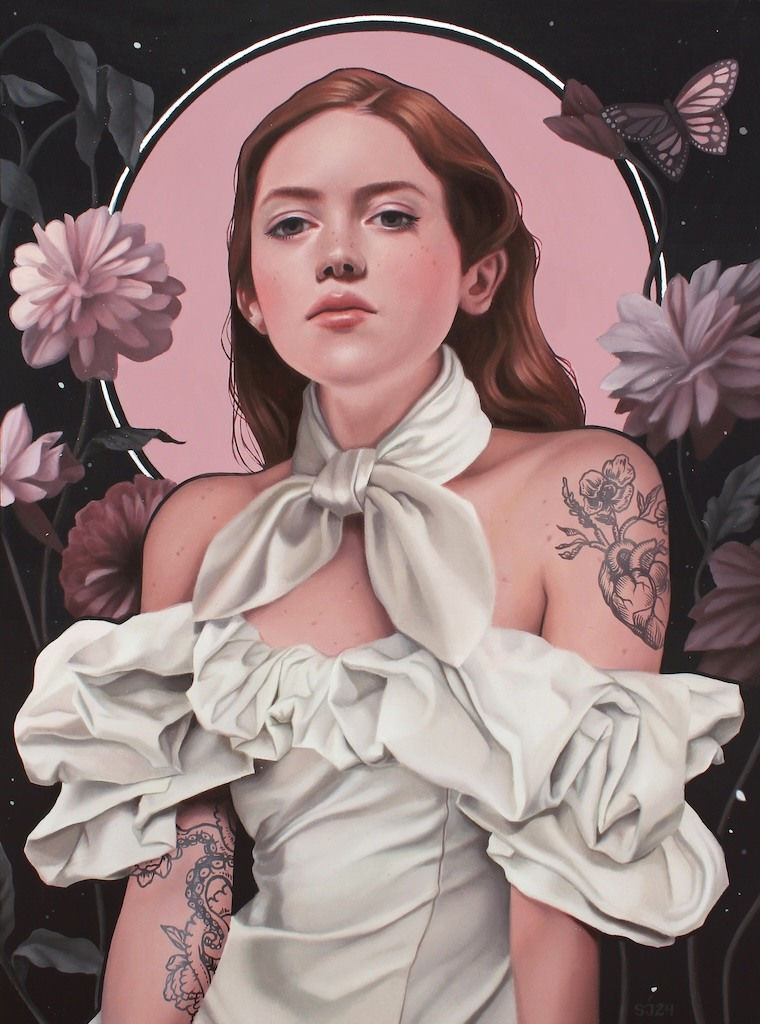 portrait of a woman with a white dress and scarf with flowers around her and a pink halo