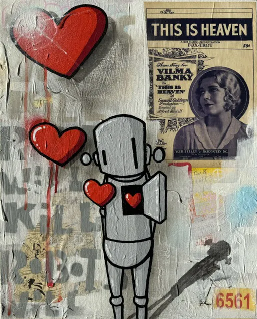 grey robot with multiple red hearts coming out of his chest