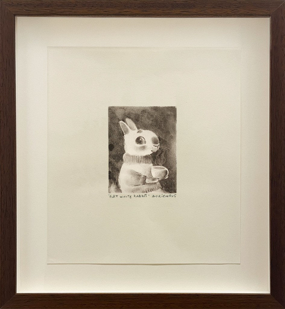 A drawing of a white rabbit wearing a sweater while holding a mug.