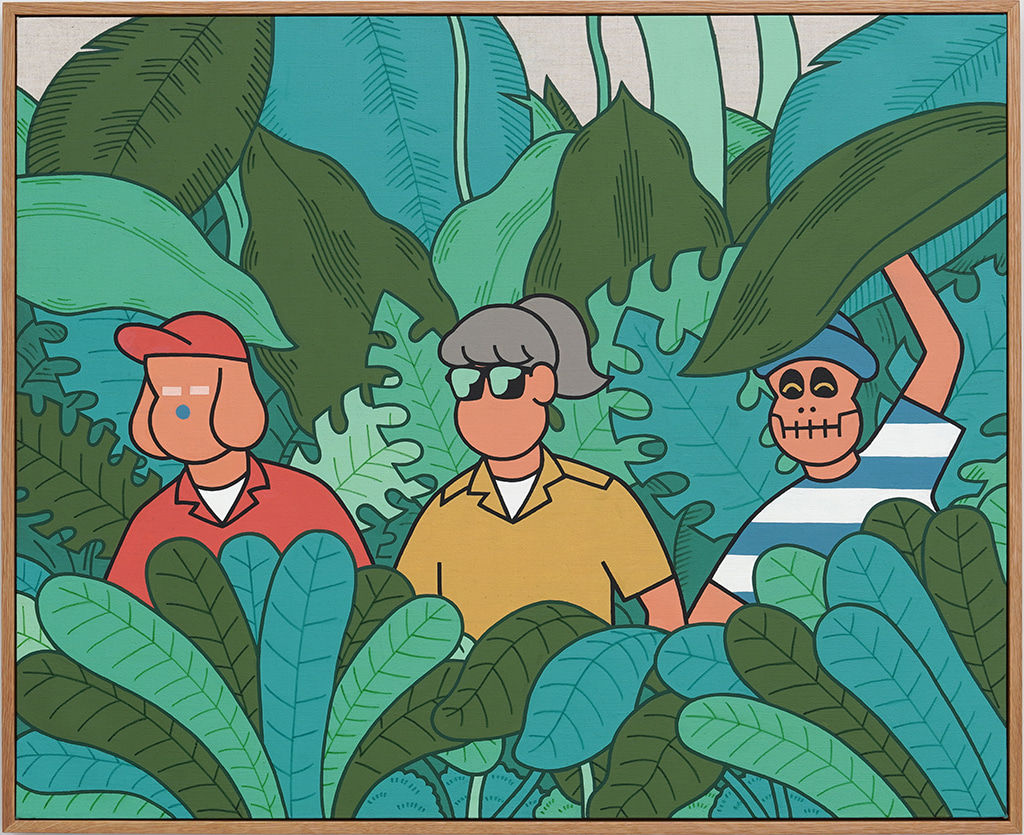 Painting of a three figures in the jungle surrounded by a green plants.