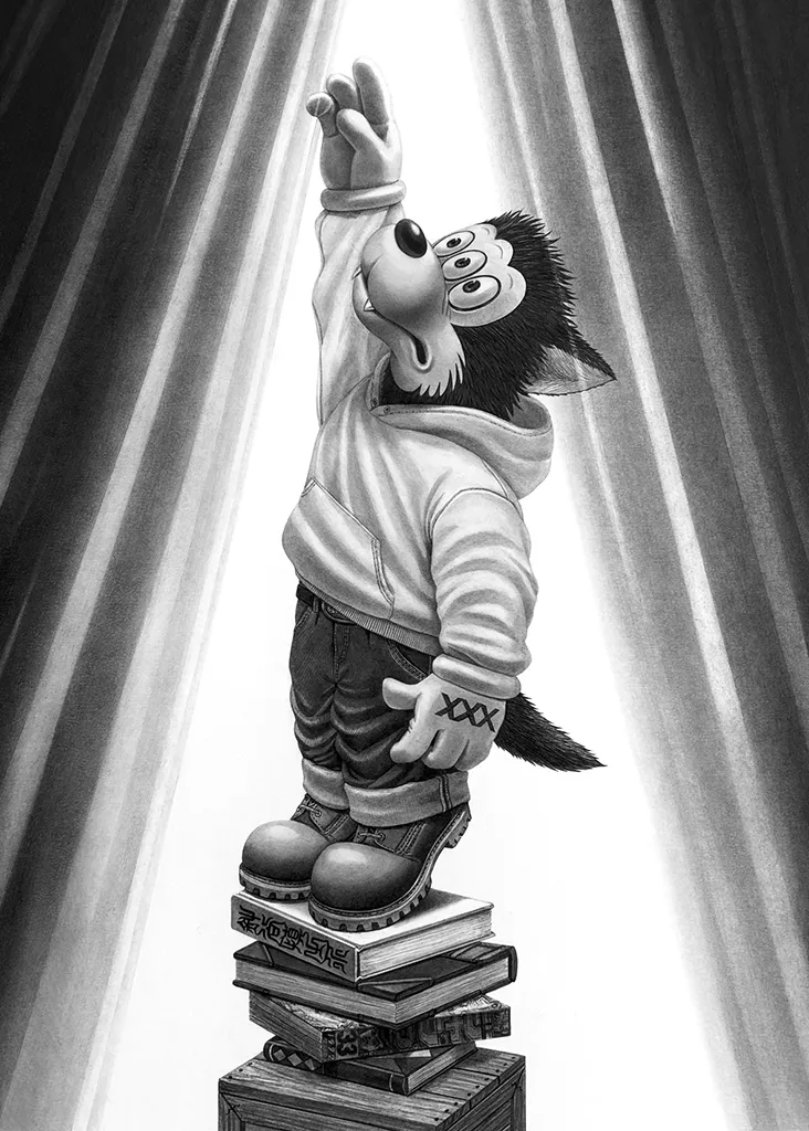 Drawing of a wolf with three eyes wearing clothes while standing on a stack of books