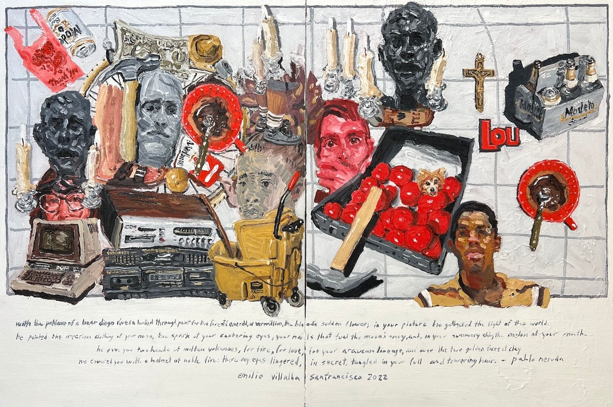 Emilio Villalba collage style painting with mop bucket, cross, hammer, statues, plastic bags, etc. Pablo Neruda poem below imagery
