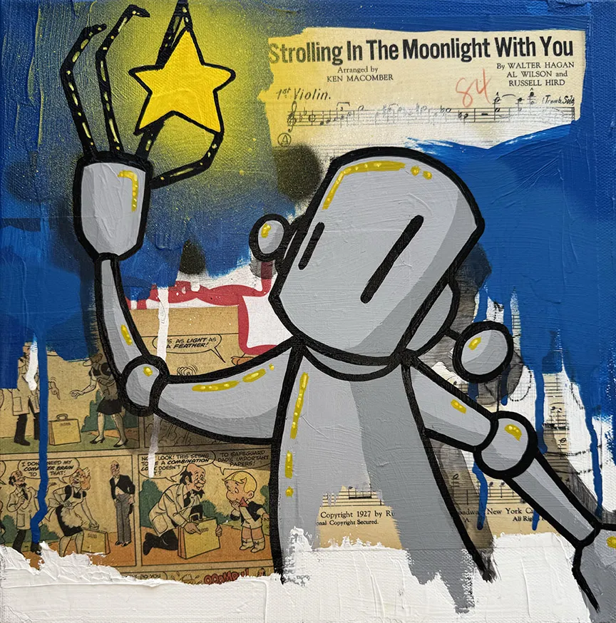 silver robot holding yellow star