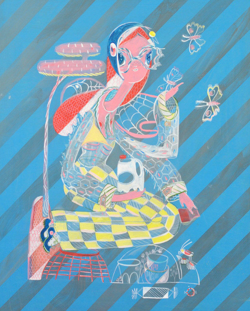 A painting by Kelly tunstall depicting a girl character surrounded by butterflies and little objects. The girl is pink and every object is filled with patterns and vivid colors. The background is striped.