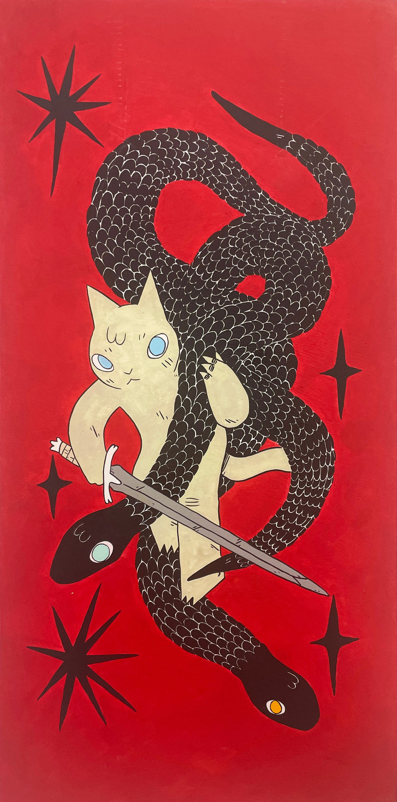 Deth P Sun painting of cat holding sword and two snakes