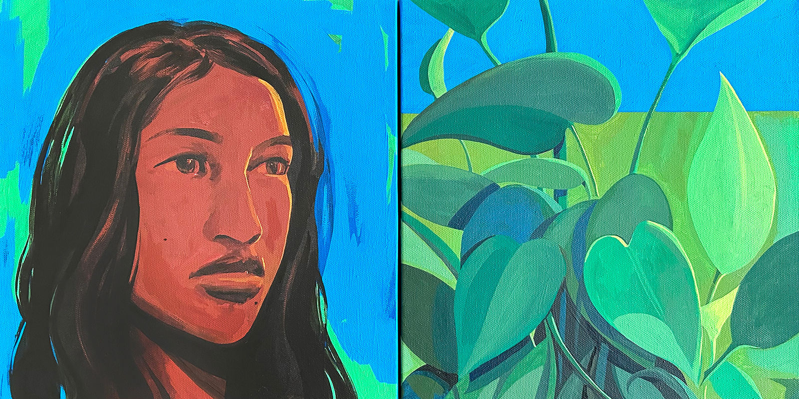 Dennis Brown - Painting of a women with plants. The work is form with two separated square canvas.