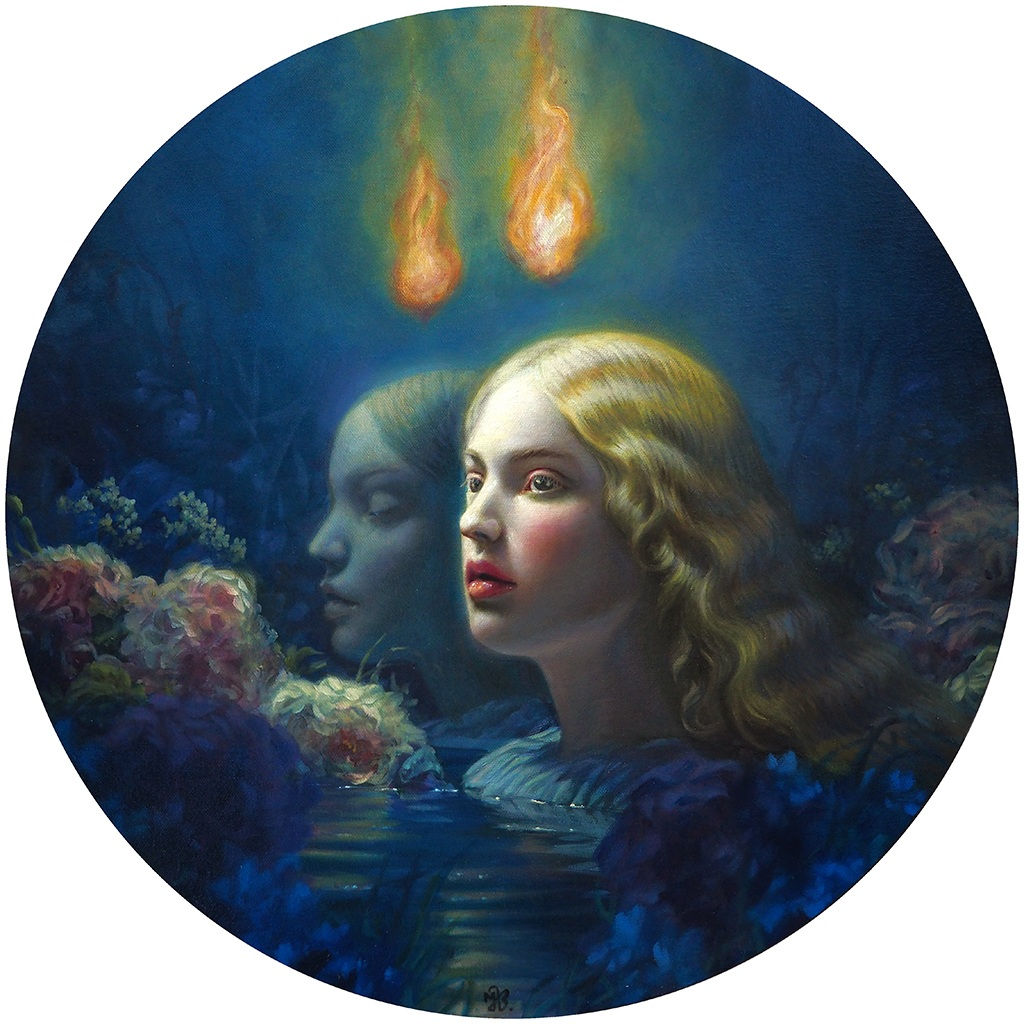 Circular painting of a girl submerged under water up to her neck with a flame above her head