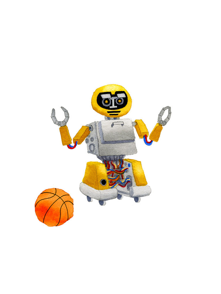 Painting by Alex Pardee of a yellow robot next to a basketball