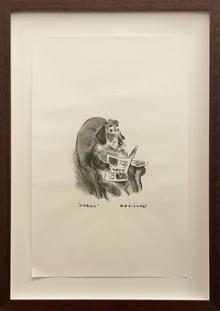 A drawing of a dog sitting in a large chair reading a newspaper and eating cookies.
