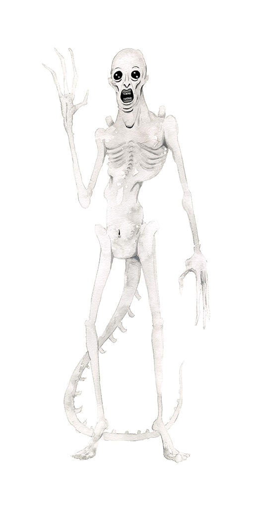 Painting by Alex Pardee of a skeleton with a long rat like tail standing on its hind legs